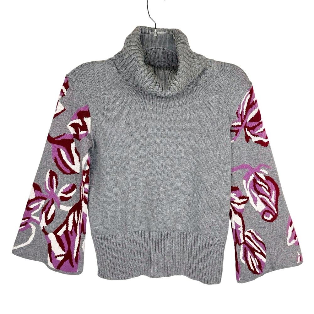 Cabi Gray Purple Floral Bell Sleeve Cotton Knit Turtleneck Sweater Women's Small